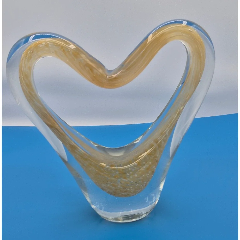 Vintage Heart Art Glass Vase Amber Gold Swirl Hand Blown Heavy Centerpiece Decor